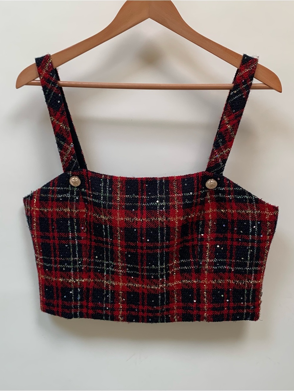 Lulus Tweed Crop Top Womens Large Red Navy Plaid Festive Back Zip Preppy Brit